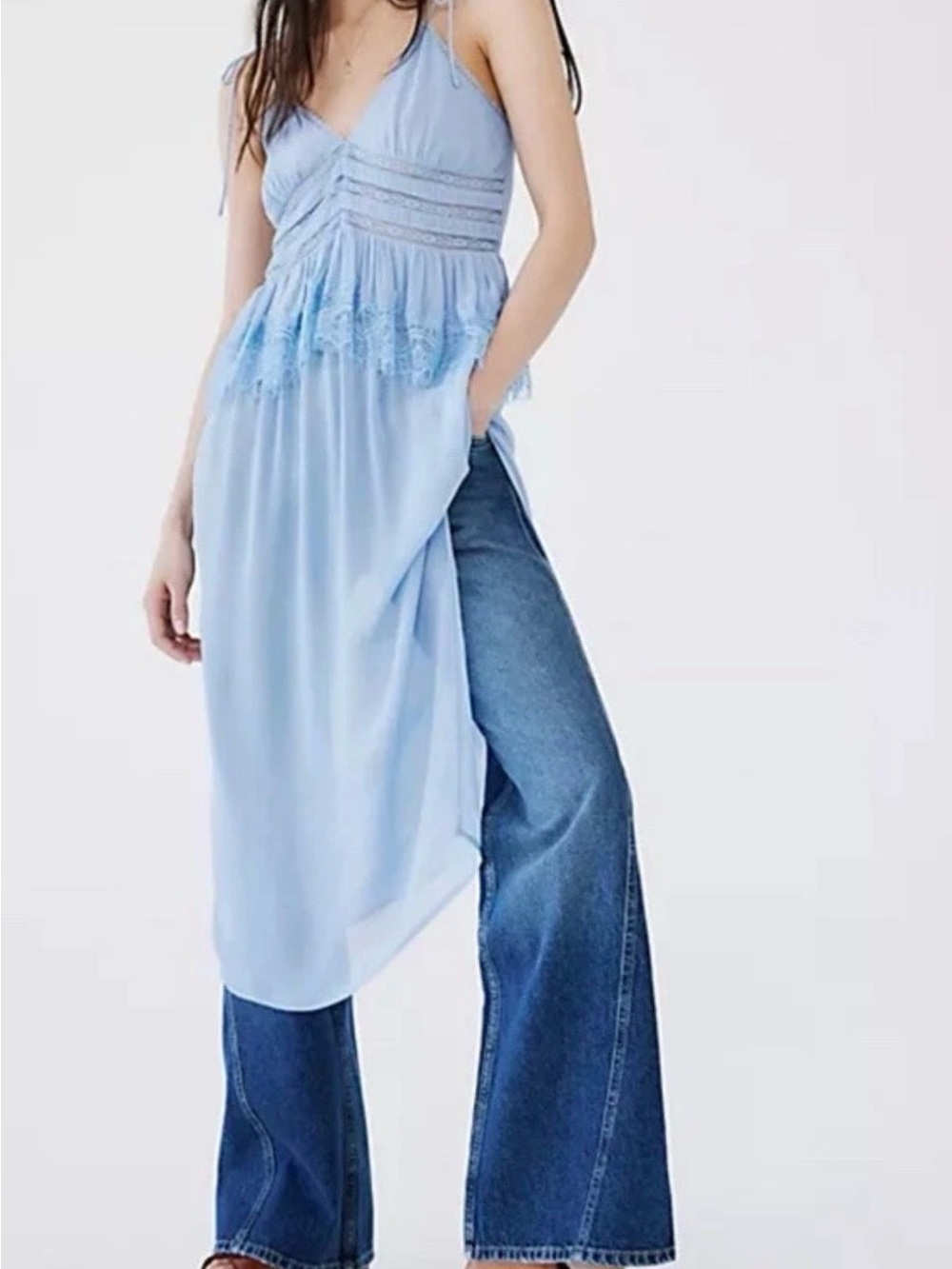 Intimately Free People Kiki Peplum Ruffle Dress Sheer Lace Trim NWT Boho Fairy